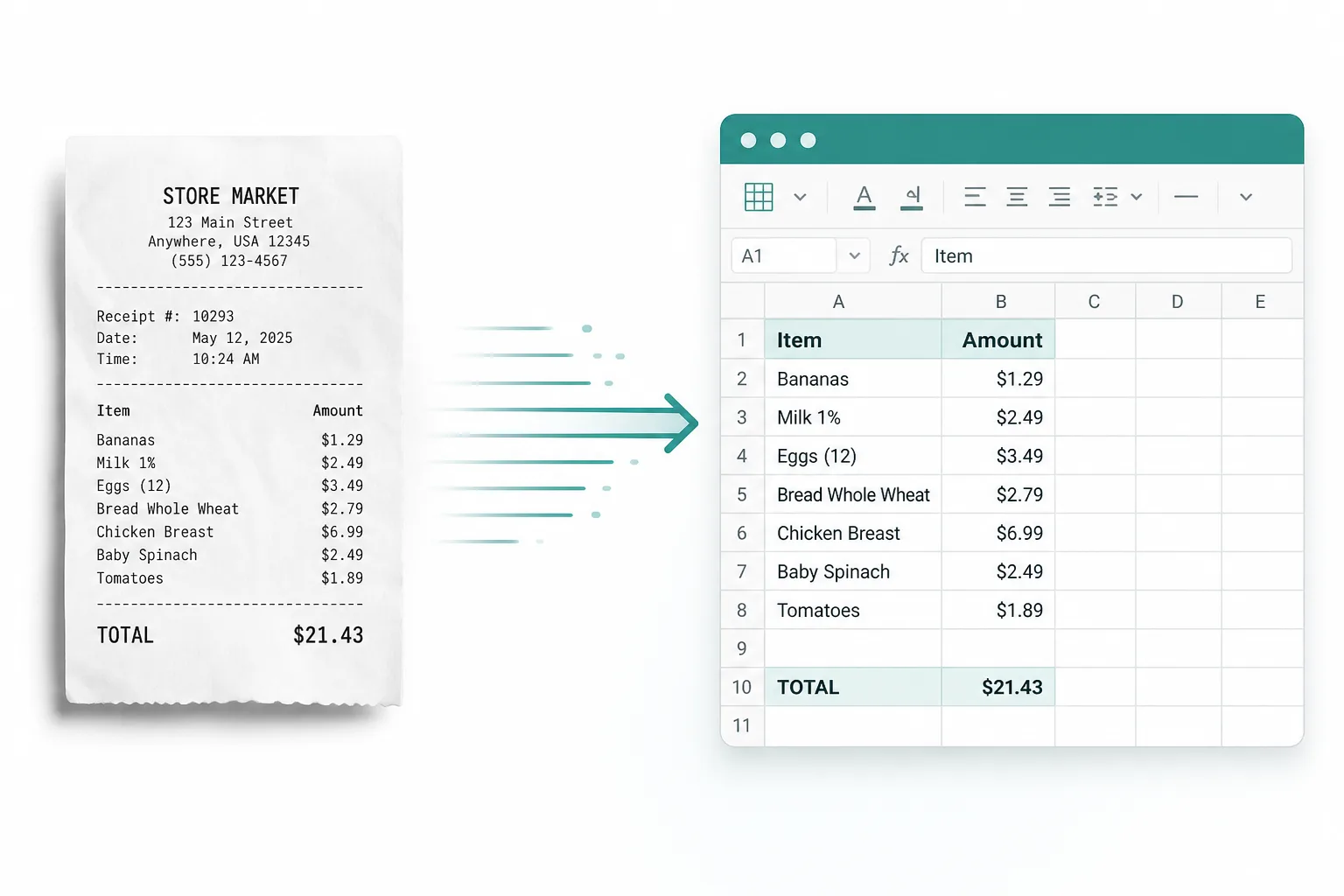 Convert a receipt photo into an Excel spreadsheet